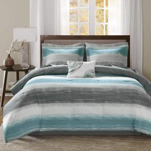Madison Park Essentials Queen Comforter Set, Bed in a Bag Queen, Watercolor Print Coastal Comforter & Chambray Cotton Sheet Set, All Season Bedding Set, Saben, Taupe Queen (90 in x 90 in) 9 Piece(Stripe Aqua)