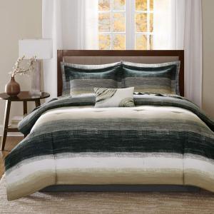 Madison Park Essentials Queen Comforter Set, Bed in a Bag Queen, Watercolor Print Coastal Comforter & Chambray Cotton Sheet Set, All Season Bedding Set, Saben, Taupe Queen (90 in x 90 in) 9 Piece(Stripe Taupe)
