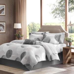 Madison Park Essentials Queen Comforter Set, Bed in a Bag Queen, Watercolor Print Coastal Comforter & Chambray Cotton Sheet Set, All Season Bedding Set, Saben, Taupe Queen (90 in x 90 in) 9 Piece(Circular Grey)