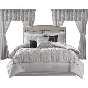 Madison Park Essentials Room in a Bag Faux Silk Comforter Set – Luxe Diamond Tufting All Season Bedding, Matching Curtains, Decorative Pillows, Grey King(104″x92″) 24 Piece(Grey)