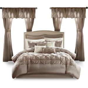 Madison Park Essentials Room in a Bag Faux Silk Comforter Set – Luxe Diamond Tufting All Season Bedding, Matching Curtains, Decorative Pillows, Grey King(104″x92″) 24 Piece(Taupe)