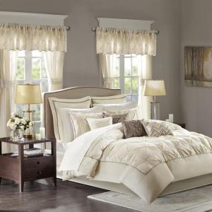 Madison Park Essentials Room in a Bag Faux Silk Comforter Set – Luxe Diamond Tufting All Season Bedding, Matching Curtains, Decorative Pillows, Grey King(104″x92″) 24 Piece(Ivory)