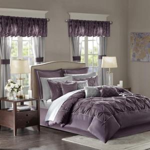 Madison Park Essentials Room in a Bag Faux Silk Comforter Set – Luxe Diamond Tufting All Season Bedding, Matching Curtains, Decorative Pillows, Grey King(104″x92″) 24 Piece(Plum)