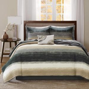 Madison Park Essentials Saben Cozy Bed in A Bag Reversible Quilt with Complete Cotton Sheet Set-Geometric Design All Season Cover, Decorative Pillow, Cal King(104″x92″), Stripes Aqua, 8 Piece(Stripes Taupe Coverlet Biab 8pcs)