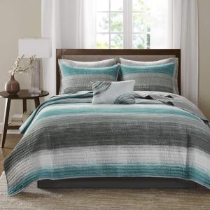 Madison Park Essentials Saben Cozy Bed in A Bag Reversible Quilt with Complete Cotton Sheet Set-Geometric Design All Season Cover, Decorative Pillow, Cal King(104″x92″), Stripes Aqua, 8 Piece(Stripes Aqua Coverlet Biab 8pcs)