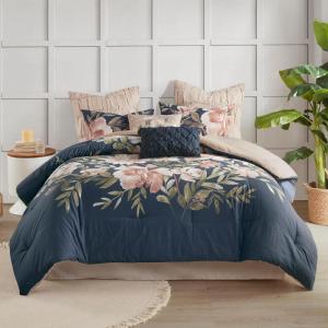 Madison Park Floral Queen Comforter Set, Cotton Rich Bedding Set Feminine Design Shabby Chic Queen Size Comforter Sets, All Season Bed Cover with Shams, Bed Skirt, Décor Pillow, Blush 8 Piece(Camillia Navy)