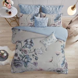 Madison Park Floral Queen Comforter Set, Cotton Rich Bedding Set Feminine Design Shabby Chic Queen Size Comforter Sets, All Season Bed Cover with Shams, Bed Skirt, Décor Pillow, Blush 8 Piece(Cassandra Blue)