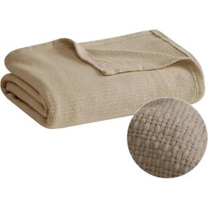 Madison Park Freshspun Basketweave Luxury Cotton Blanket Yellow 90×90″ Full/Queen Size Basketweave Premium Soft Cozy 100% Cotton For Bed, Couch or Sofa(Khaki)
