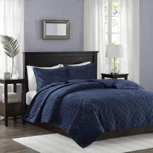 Madison Park Harper Quilt Set Velvet Casual Geometric Stitching Design All Season, Lightweight Coverlet, Cozy Bedding, Matching Shams, Full/Queen(90″x90″), Ivory 3 Piece(Navy)
