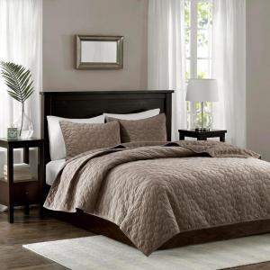Madison Park Harper Quilt Set Velvet Casual Geometric Stitching Design All Season, Lightweight Coverlet, Cozy Bedding, Matching Shams, Full/Queen(90″x90″), Ivory 3 Piece(Taupe)
