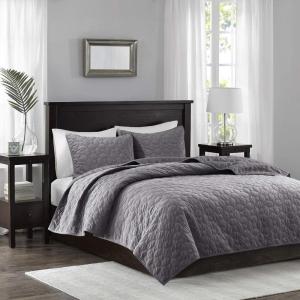 Madison Park Harper Quilt Set Velvet Casual Geometric Stitching Design All Season, Lightweight Coverlet, Cozy Bedding, Matching Shams, Full/Queen(90″x90″), Ivory 3 Piece(Grey)