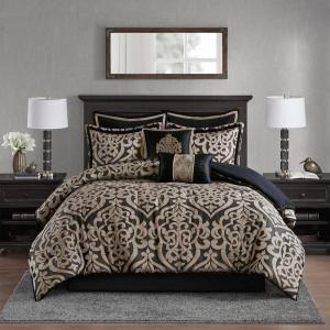 Madison Park King Comforter Set Damask Medallion Jacquard Comforter, Overfilled All Season Bed Set, Bed Skirt, Shams, Decor Pillows, Odette, King(104 in x 92 in), Black 8 Piece(Black/Gold)