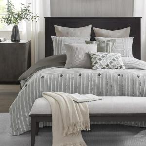 Madison Park King Comforter Set, Removable 100% Cotton Duvet Cover King Size with Insert, Farmhouse Bedding, Textured Stripe Clipped Jacquard Accent, King, Grey 9 Piece(Gray)