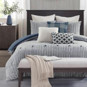 Madison Park King Comforter Set, Removable 100% Cotton Duvet Cover King Size with Insert, Farmhouse Bedding, Textured Stripe Clipped Jacquard Accent, King, Grey 9 Piece(Blue)