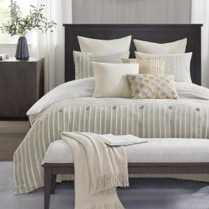 Madison Park King Comforter Set, Removable 100% Cotton Duvet Cover King Size with Insert, Farmhouse Bedding, Textured Stripe Clipped Jacquard Accent, King, Grey 9 Piece(Ivory)