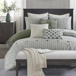 Madison Park King Comforter Set, Removable 100% Cotton Duvet Cover King Size with Insert, Farmhouse Bedding, Textured Stripe Clipped Jacquard Accent, King, Grey 9 Piece(Green)