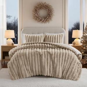 Madison Park King Comforter Set Reversible Faux-Fur Plush Comforters for King Size Bed, All Season Luxurious Ribbed Velvet Comforters King Size Bedding Set, Jasmine, King, Ivory 3 Piece(Taupe)