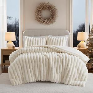 Madison Park King Comforter Set Reversible Faux-Fur Plush Comforters for King Size Bed, All Season Luxurious Ribbed Velvet Comforters King Size Bedding Set, Jasmine, King, Ivory 3 Piece(Ivory)