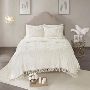 Madison Park Laetitia Lightweight 100% Cotton Quilt Set, Breathable Chenille Tufted, Shabby Chic Boho Medallion Design, Sham, Floral Taupe w/ Tassels, Full/Queen-2 Piece(Laetitia Ivory Coverlet)
