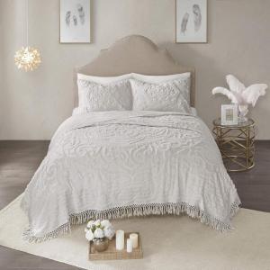 Madison Park Laetitia Lightweight 100% Cotton Quilt Set, Breathable Chenille Tufted, Shabby Chic Boho Medallion Design, Sham, Floral Taupe w/ Tassels, Full/Queen-2 Piece(Laetitia Grey Coverlet)