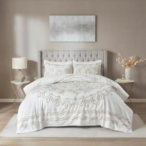 Madison Park Laetitia Lightweight 100% Cotton Quilt Set, Breathable Chenille Tufted, Shabby Chic Boho Medallion Design, Sham, Floral Taupe w/ Tassels, Full/Queen-2 Piece(Violette Ivory/Taupe Coverlet)