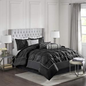 Madison Park Laurel Cozy Comforter Set – Traditional Tufted Faux Silk Design, All Season Down Alternative Bedding with Matching Shams, Decorative Pillow, Grey Queen(90″x90″) 7 Piece(Black)