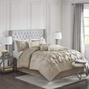 Madison Park Laurel Cozy Comforter Set – Traditional Tufted Faux Silk Design, All Season Down Alternative Bedding with Matching Shams, Decorative Pillow, Grey Queen(90″x90″) 7 Piece(Taupe)
