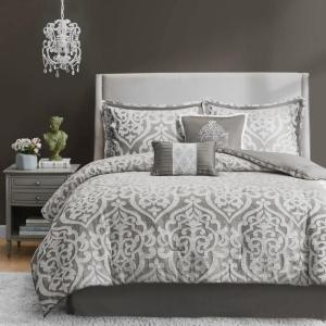 Madison Park Lavine Cozy Bed in a Bag Comforter Set, Traditional Luxe Jacquard Design All Season Down Alternative Bedding with Cotton Bed Sheets, Bed Skirt & Pillows, Queen Blue 12 Piece(Silver Comforter 6pcs)