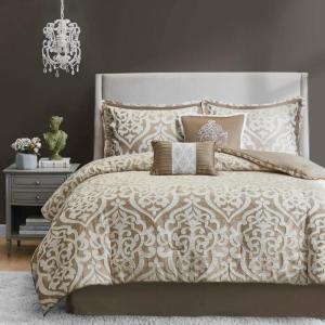 Madison Park Lavine Cozy Bed in a Bag Comforter Set, Traditional Luxe Jacquard Design All Season Down Alternative Bedding with Cotton Bed Sheets, Bed Skirt & Pillows, Queen Blue 12 Piece(Tan Comforter 6pcs)