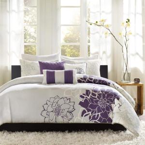 Madison Park Lola 100% Cotton Duvet Set Beautiful Floral Pattern, Ruffle Border Design All Season, Breathable Comforter Cover Bedding, Matching Shams, Full/Queen(90″x90″), Purple/Grey 6 Piece(Purple/Gray)