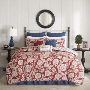Madison Park Lola 100% Cotton Duvet Set Beautiful Floral Pattern, Ruffle Border Design All Season, Breathable Comforter Cover Bedding, Matching Shams, Full/Queen(90″x90″), Purple/Grey 6 Piece(Red)