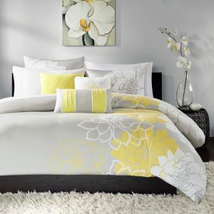 Madison Park Lola 100% Cotton Duvet Set Beautiful Floral Pattern, Ruffle Border Design All Season, Breathable Comforter Cover Bedding, Matching Shams, Full/Queen(90″x90″), Purple/Grey 6 Piece(Yellow/Grey)