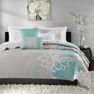 Madison Park Lola 100% Cotton Quilt Set-Casual Floral Channel Stitching Design All Season, Lightweight Coverlet Bedspread Bedding, Shams, Decorative Pillows, Full/Queen (90 in x 90 in), Purple 6 Piece(Lola Aqua)