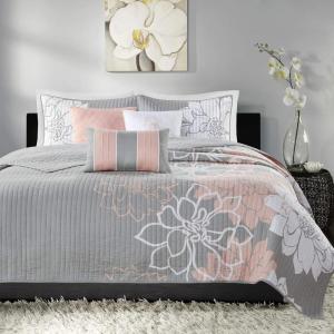 Madison Park Lola 100% Cotton Quilt Set-Casual Floral Channel Stitching Design All Season, Lightweight Coverlet Bedspread Bedding, Shams, Decorative Pillows, Full/Queen (90 in x 90 in), Purple 6 Piece(Lola Blush)