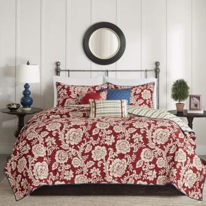 Madison Park Lola 100% Cotton Quilt Set-Casual Floral Channel Stitching Design All Season, Lightweight Coverlet Bedspread Bedding, Shams, Decorative Pillows, Full/Queen (90 in x 90 in), Purple 6 Piece(Lucy Red)