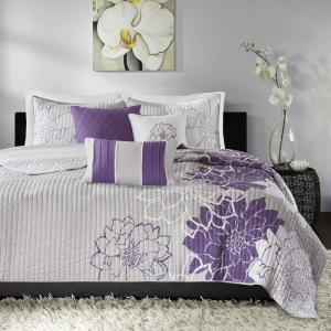 Madison Park Lola 100% Cotton Quilt Set-Casual Floral Channel Stitching Design All Season, Lightweight Coverlet Bedspread Bedding, Shams, Decorative Pillows, Full/Queen (90 in x 90 in), Purple 6 Piece(Lola Purple)