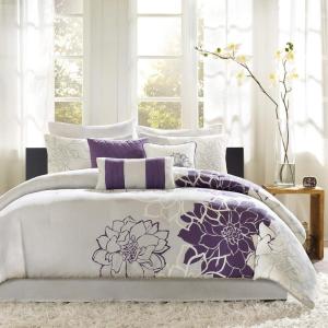 Madison Park Lola Sateen Cotton Comforter Set-Casual Medallion Floral Design All Season Down Alternative Bedding, Shams, Bedskirt, Decorative Pillows, Queen, Grey/Aqua 7 Piece(Floral Grey/Purple)