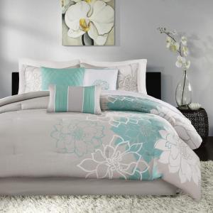 Madison Park Lola Sateen Cotton Comforter Set-Casual Medallion Floral Design All Season Down Alternative Bedding, Shams, Bedskirt, Decorative Pillows, Queen, Grey/Aqua 7 Piece(Floral Grey/Aqua)