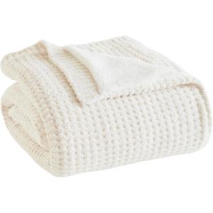 Madison Park Luxuriously Cozy Chenille Throw Blanket Waffle Weave Reversible Soft & Warm Sherpa Throw, Lightweight, Breathable Waffle Throw, Farmhouse Room Décor Summer Blanket, 50×60, Red(Ivory)