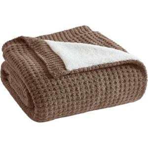 Madison Park Luxuriously Cozy Chenille Throw Blanket Waffle Weave Reversible Soft & Warm Sherpa Throw, Lightweight, Breathable Waffle Throw, Farmhouse Room Décor Summer Blanket, 50×60, Red(Brown)