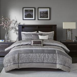 Madison Park Luxury Comforter Set-Traditional Jacquard Design All Season Down Alternative Bedding, Matching Bedskirt, Decorative Pillows, Queen(90″x90″), Ava, Pieced Taupe 7 Piece(Striped Grey/Taupe)