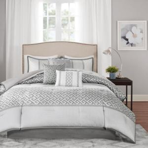 Madison Park Luxury Comforter Set-Traditional Jacquard Design All Season Down Alternative Bedding, Matching Bedskirt, Decorative Pillows, Queen(90″x90″), Ava, Pieced Taupe 7 Piece(Geometric Grey)