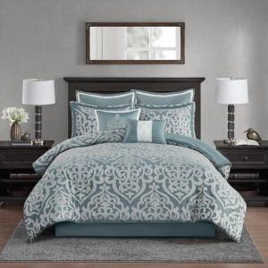 Madison Park Odette Cozy Comforter Set Jacquard Damask Medallion Design – Modern All Season, Down Alternative Bedding, Shams, Decorative Pillows, King(104 in x 92 in), Silver 8 Piece(Aqua/Grey)