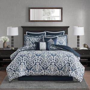 Madison Park Odette Cozy Comforter Set Jacquard Damask Medallion Design – Modern All Season, Down Alternative Bedding, Shams, Decorative Pillows, King(104 in x 92 in), Silver 8 Piece(Navy/Grey)