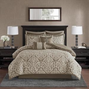 Madison Park Odette Cozy Comforter Set Jacquard Damask Medallion Design – Modern All Season, Down Alternative Bedding, Shams, Decorative Pillows, King(104 in x 92 in), Silver 8 Piece(Tan/Ivory)