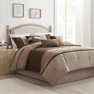 Madison Park Palisades Comforter Set Modern Faux Suede Pieced Stripe Design, All Season Down Alternative Cozy Bedding with Matching Shams, Decorative Pillows, King(104″x92″), Black 7 Piece(Brown 7pcs)
