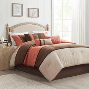 Madison Park Palisades Comforter Set Modern Faux Suede Pieced Stripe Design, All Season Down Alternative Cozy Bedding with Matching Shams, Decorative Pillows, King(104″x92″), Black 7 Piece(Coral 7pcs)