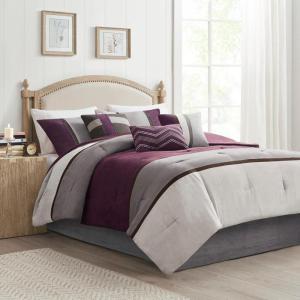 Madison Park Palisades Comforter Set Modern Faux Suede Pieced Stripe Design, All Season Down Alternative Cozy Bedding with Matching Shams, Decorative Pillows, King(104″x92″), Black 7 Piece(Purple 7pcs)