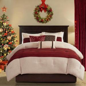 Madison Park Palmer Comforter Set-Luxury Faux Suede Design, Striped Accent, All Season Down Alternative Bedding, Matching Shams, Decorative Pillow, Bed Skirt, Queen (90 in x 90 in), Red 7 Piece(Red)