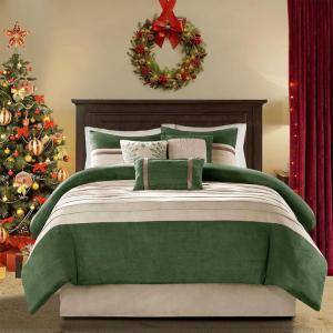Madison Park Palmer Comforter Set-Luxury Faux Suede Design, Striped Accent, All Season Down Alternative Bedding, Matching Shams, Decorative Pillow, Bed Skirt, Queen (90 in x 90 in), Red 7 Piece(Green)